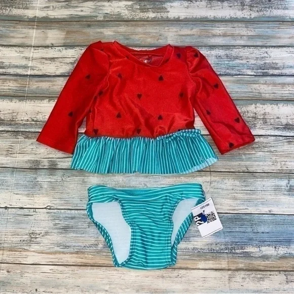 Cat & Jack Baby Girl Watermelon Swim Set Rash Guard Ruffle Bikini 3-6M - Picture 3 of 6